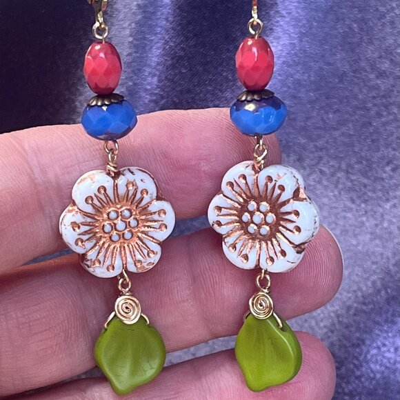 Colorful Long Dangle Nature-Inspired Flower Earrings - Picture 1 of 6